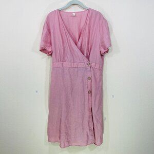 Grae Cove Dress XXL 100% Linen Pink  V-neck Button Wrap Knee Length Side Pockets